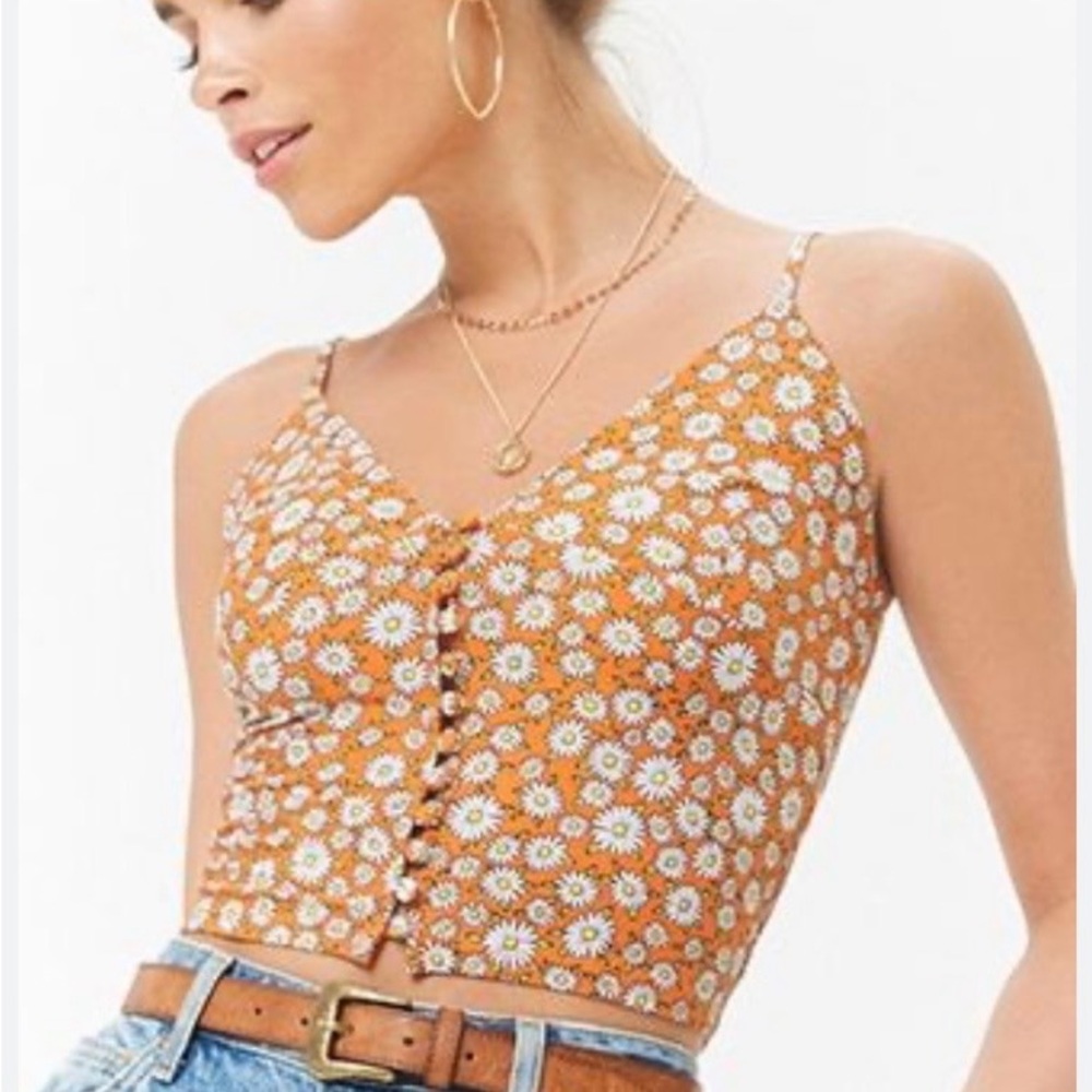 Forever 21 Orange Daisy Print Crop Cami Top Button Front - Picture 2 of 7